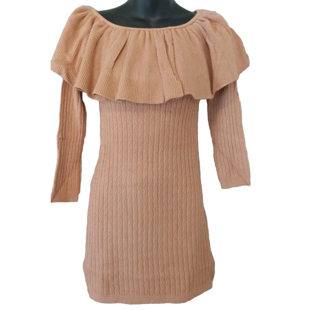 Olivaceous Cable Knit Cashmere Blend Long Ruffle Neck Sweater L Taupe NWT